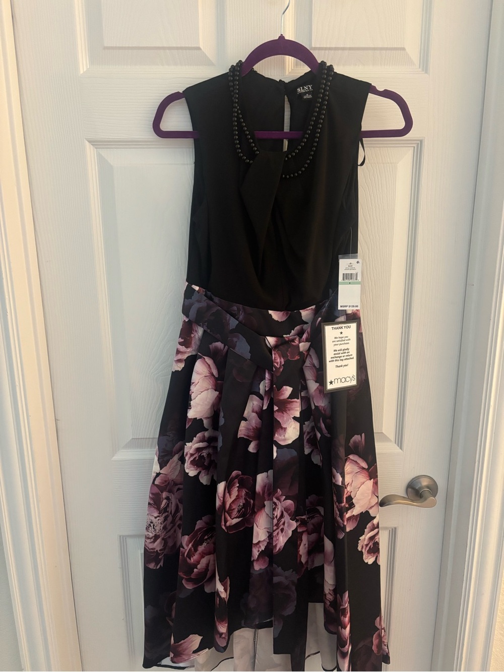 SLNY Black Bodice with Purple Floral High-Low Skirt Dress